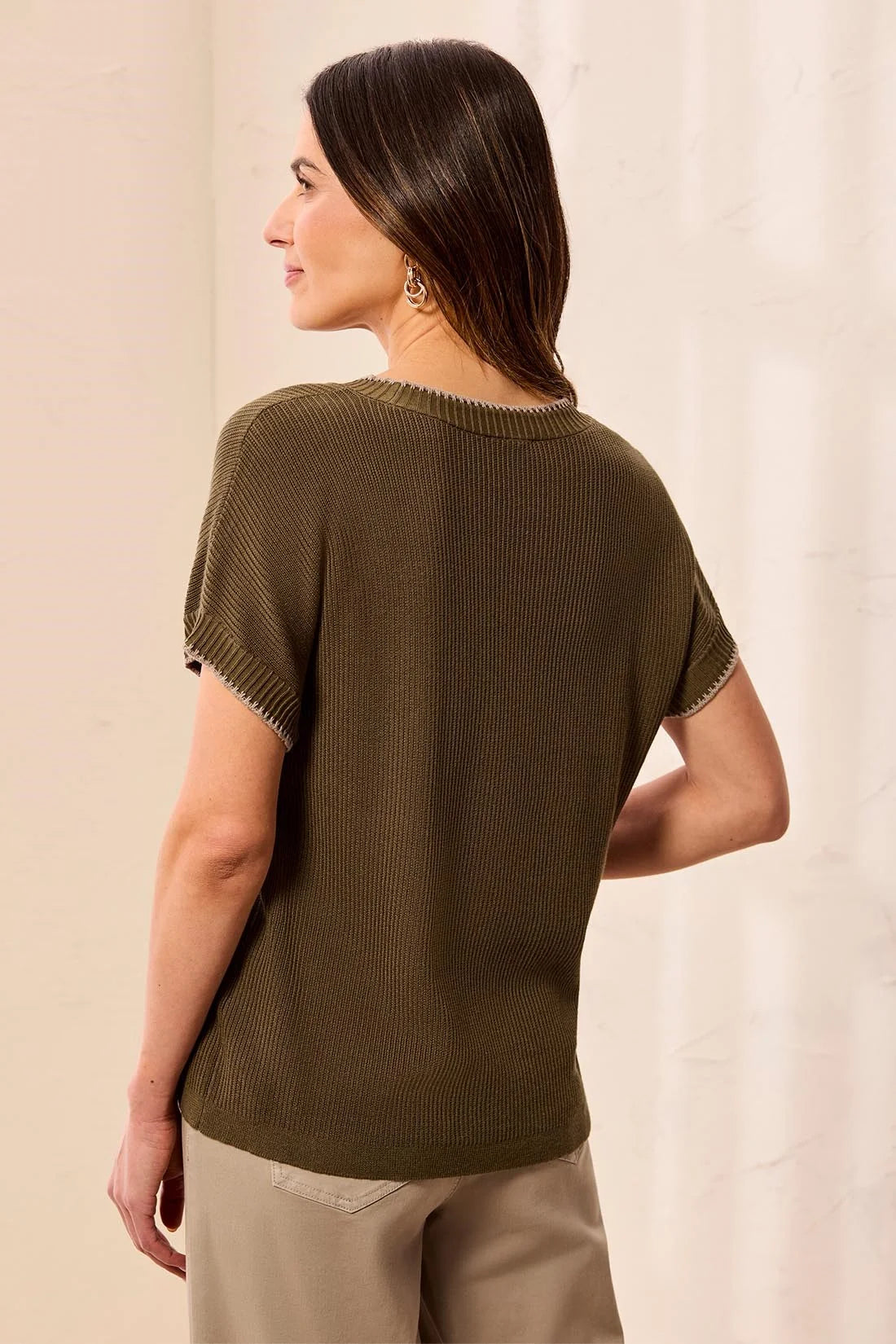 Soft Cotton Blend Cap Sleeve Topstitch Detail Top. Style TR3203O-8286