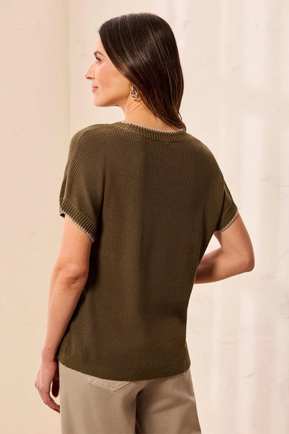 Soft Cotton Blend Cap Sleeve Topstitch Detail Top. Style TR3203O-8286