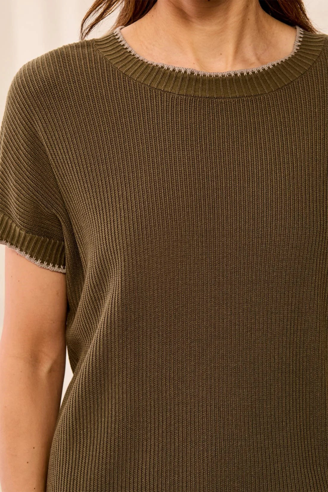Soft Cotton Blend Cap Sleeve Topstitch Detail Top. Style TR3203O-8286
