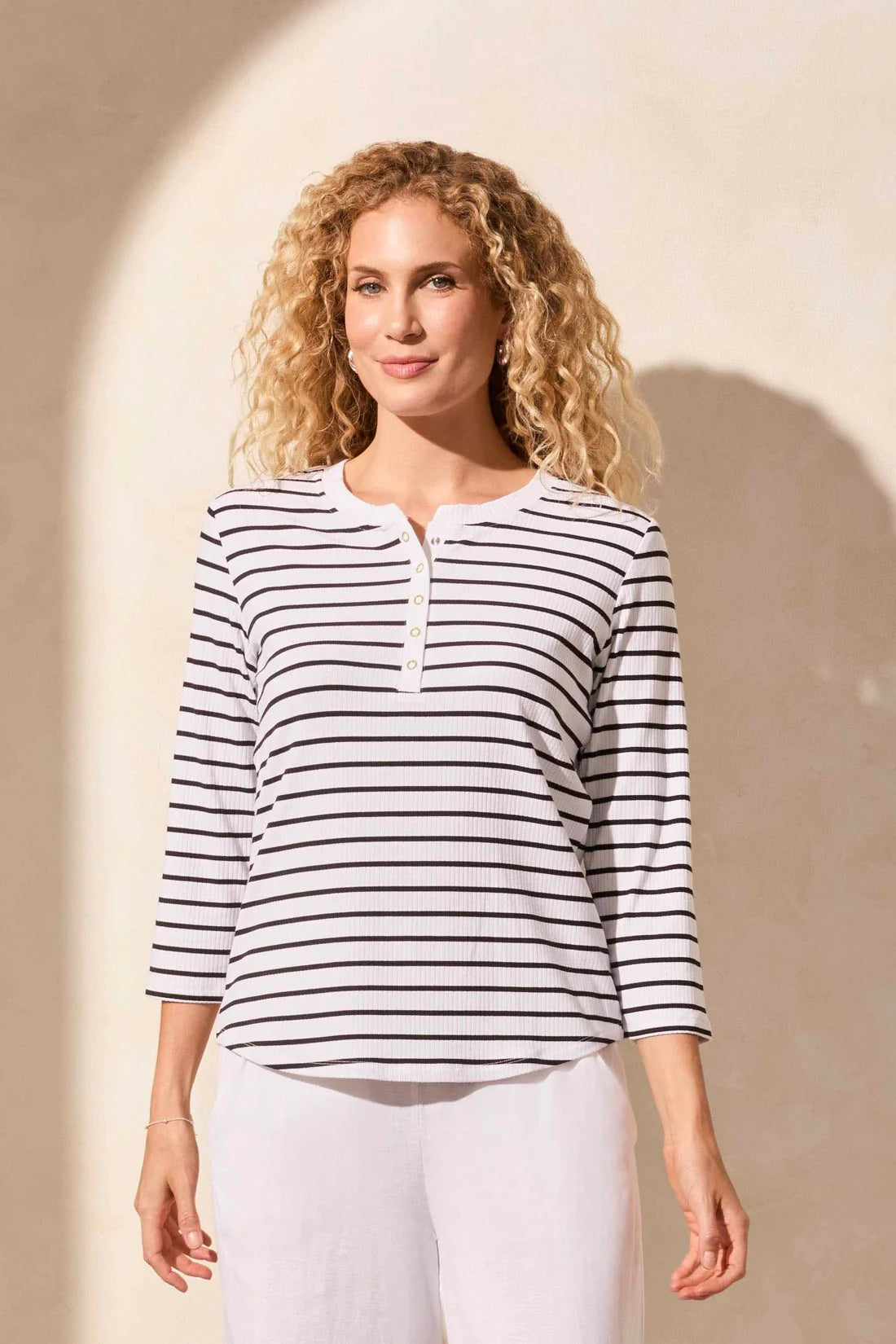 Soft Rib 3/4 Sleeve Striped Henley Top. Style TR2181O-8175