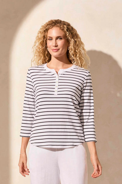 Soft Rib 3/4 Sleeve Striped Henley Top. Style TR2181O-8175