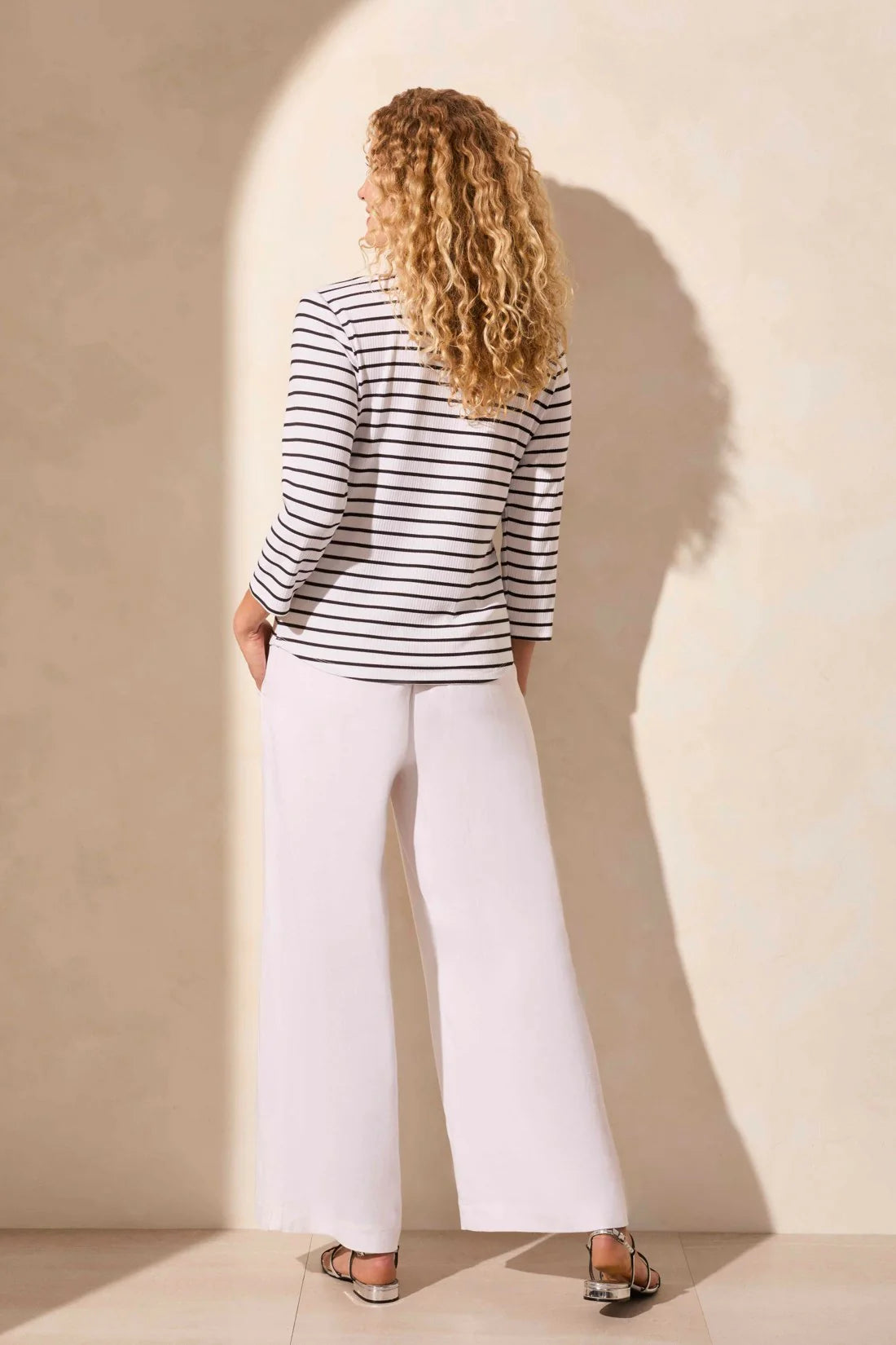 Soft Rib 3/4 Sleeve Striped Henley Top. Style TR2181O-8175