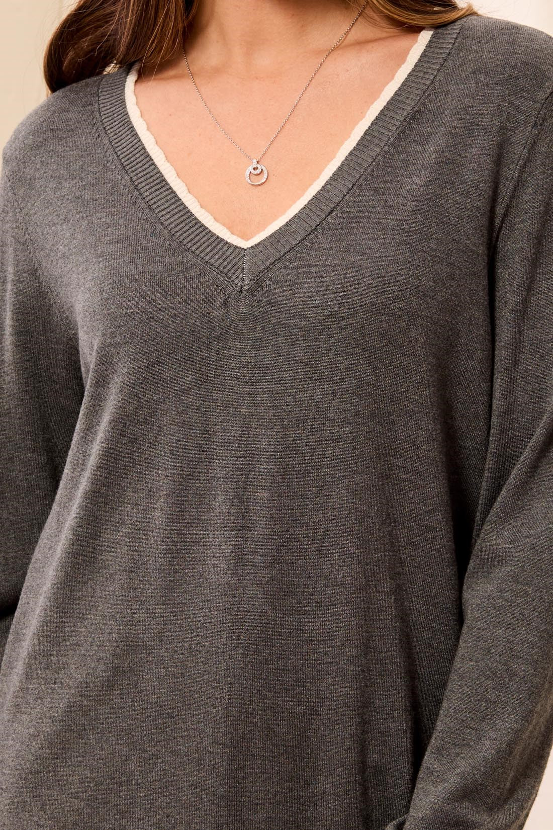 Scalloped Contrast Trim Details V-Neck Sweater. Style TR3208O-8477