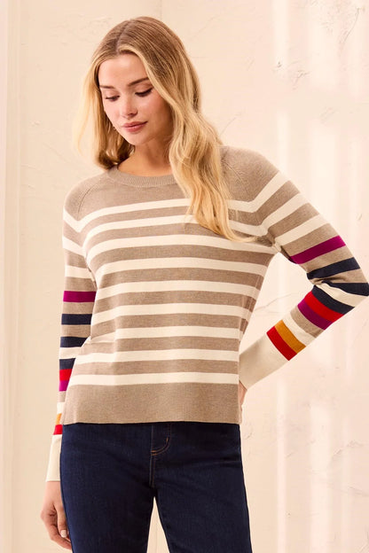 Soft Viscose Long Sleeve Crew Neck Stripe Sweater. Style TR3132O-8477