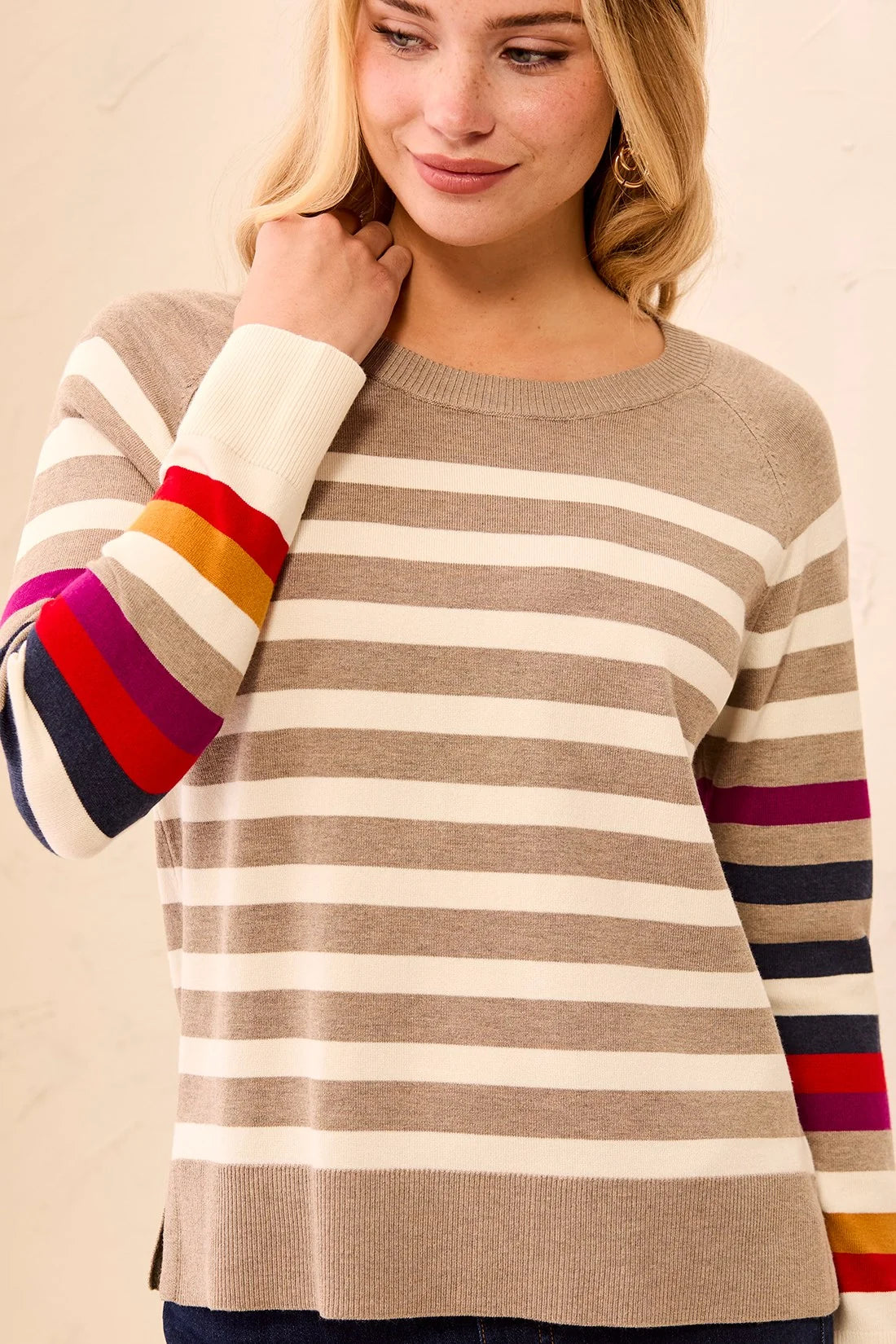 Soft Viscose Long Sleeve Crew Neck Stripe Sweater. Style TR3132O-8477