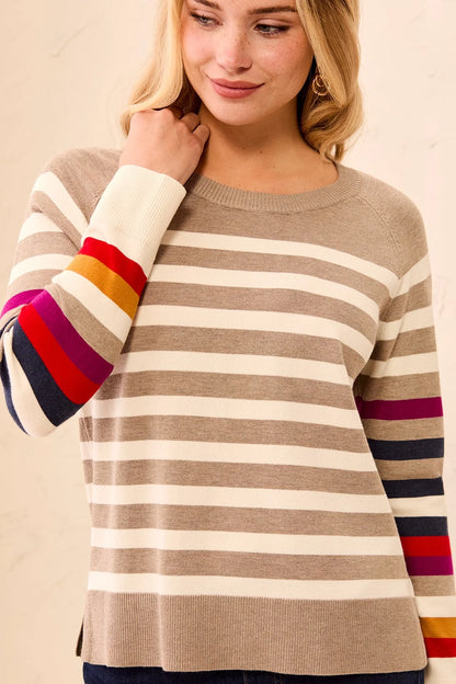 Soft Viscose Long Sleeve Crew Neck Stripe Sweater. Style TR3132O-8477