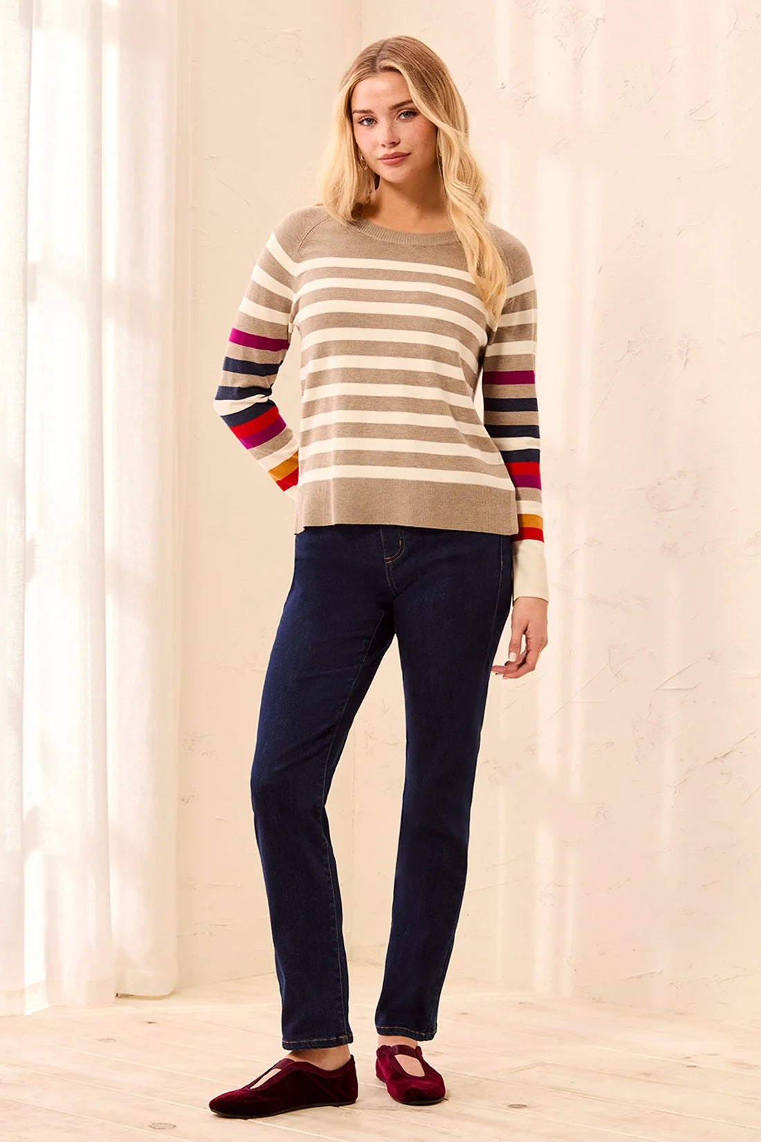 Soft Viscose Long Sleeve Crew Neck Stripe Sweater. Style TR3132O-8477