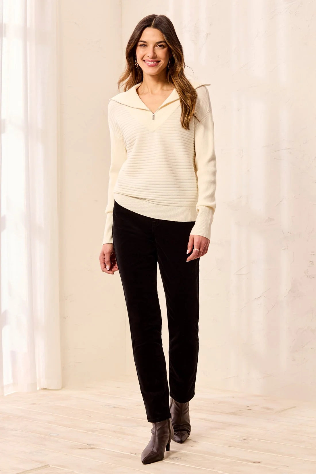 Soft Zip-Up V-Neck Sweater. Style TR6028O-5118