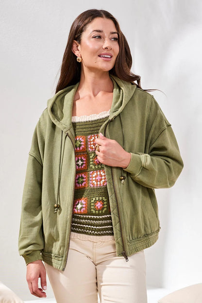 Zip Up Puff Sleeve Cropped Hoodie. Style TR6176O-5519