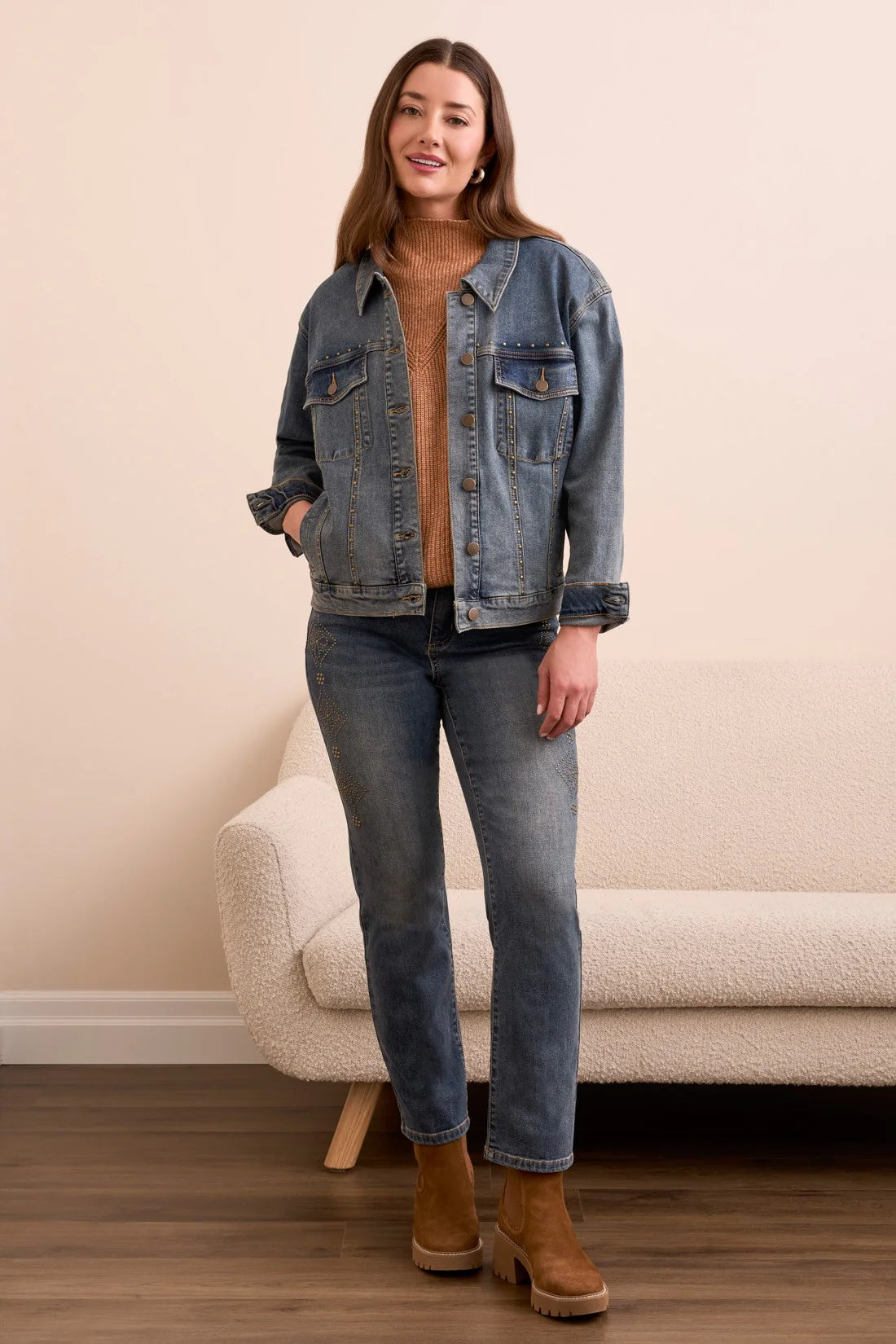 Studded Vintage Wash Denim Girlfriend Jacket. Style TR5956O-5229