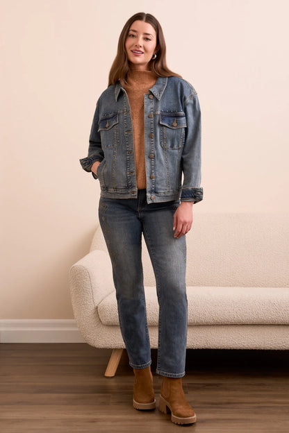 Studded Vintage Wash Denim Girlfriend Jacket. Style TR5956O-5229