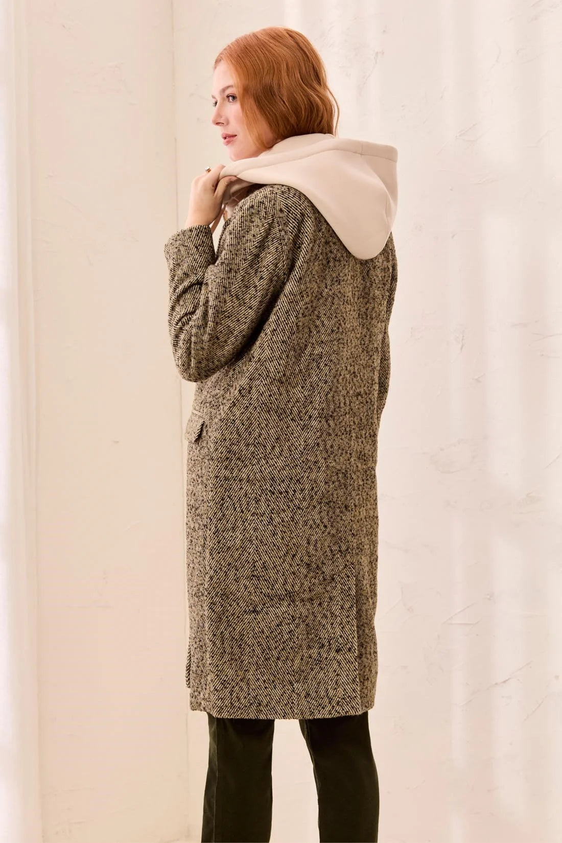 Tailored Herringbone Removable Fooler Hoodie Car Coat. Style TR6371O-5860
