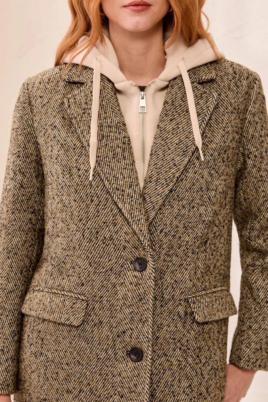 Tailored Herringbone Removable Fooler Hoodie Car Coat. Style TR6371O-5860