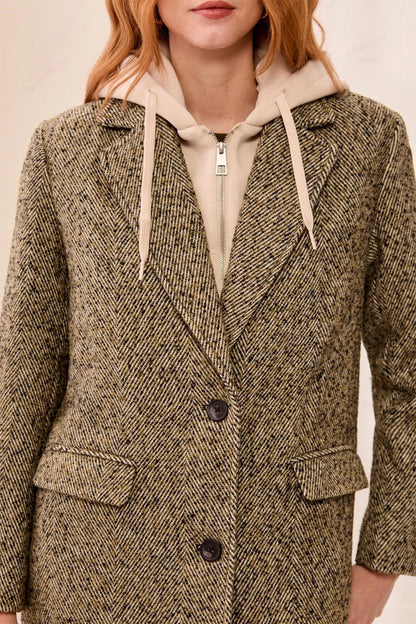 Tailored Herringbone Removable Fooler Hoodie Car Coat. Style TR6371O-5860
