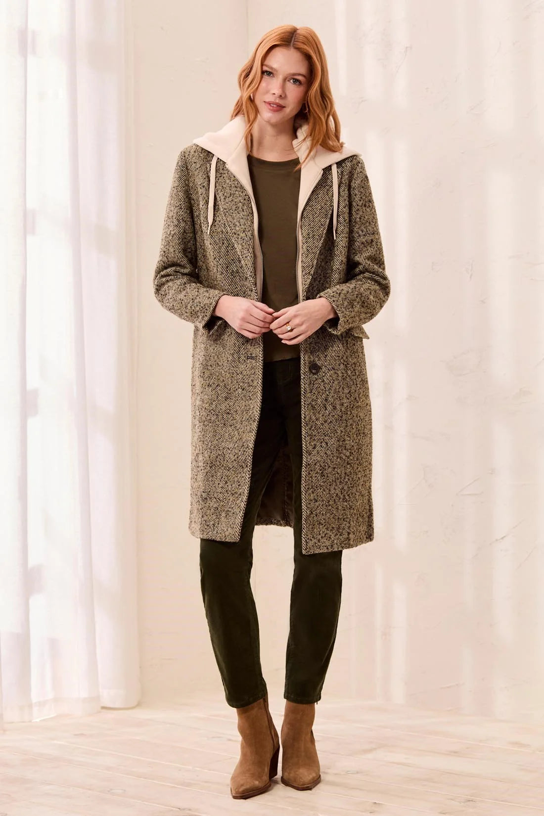 Tailored Herringbone Removable Fooler Hoodie Car Coat. Style TR6371O-5860