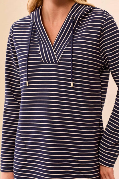Long Sleeve Hooded Drawcord Striped Dress. Style TR3186O-8502