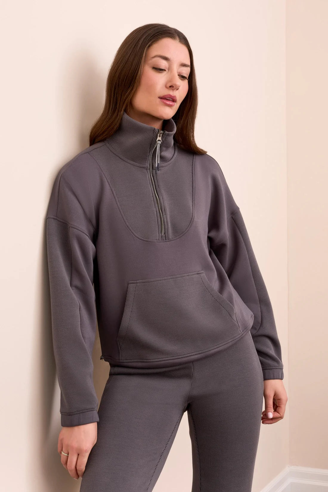 1/2 Zip Accent Mixed Fabric Hoodie. Style TR2236O-3390