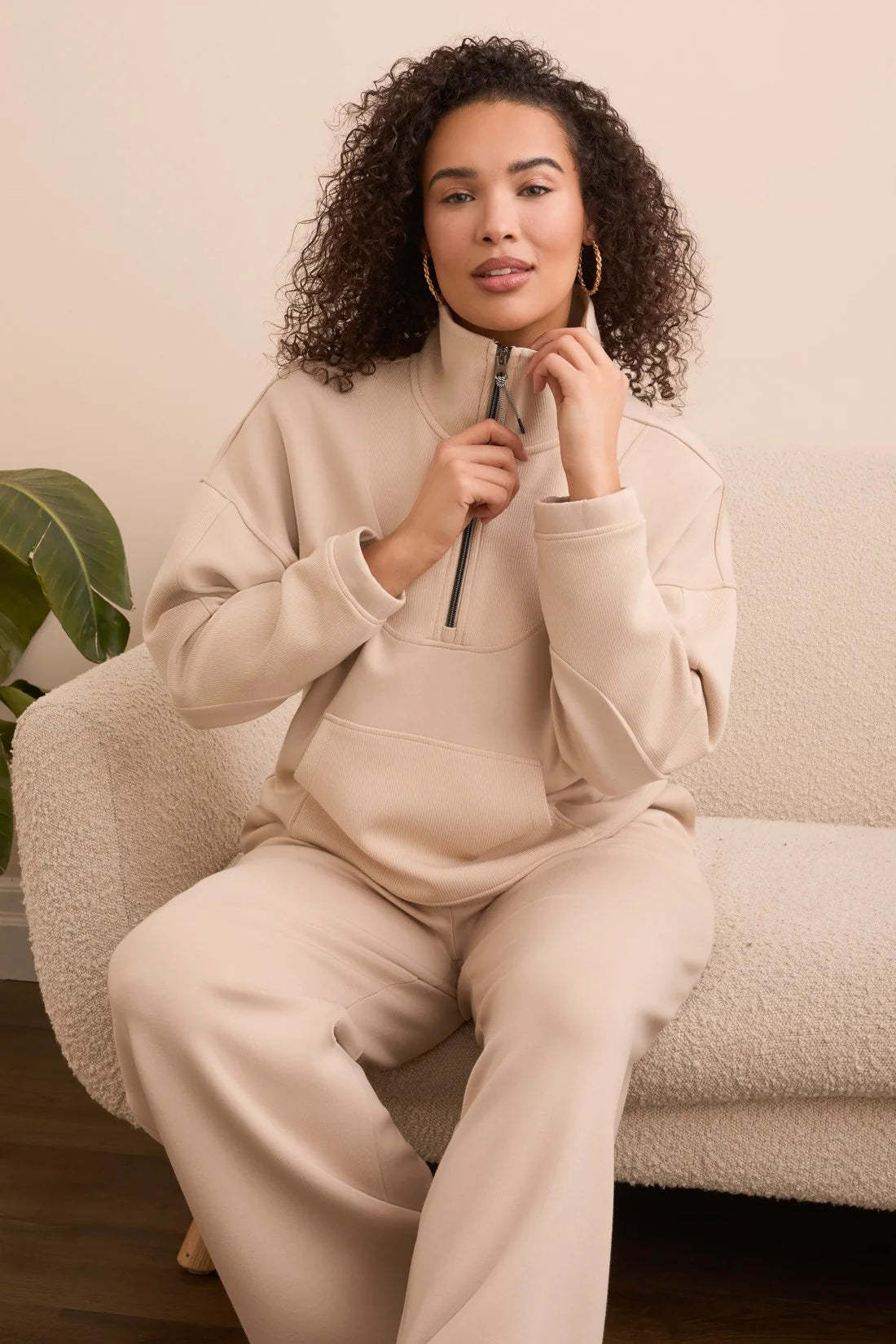 1/2 Zip Accent Mixed Fabric Hoodie. Style TR2236O-3390