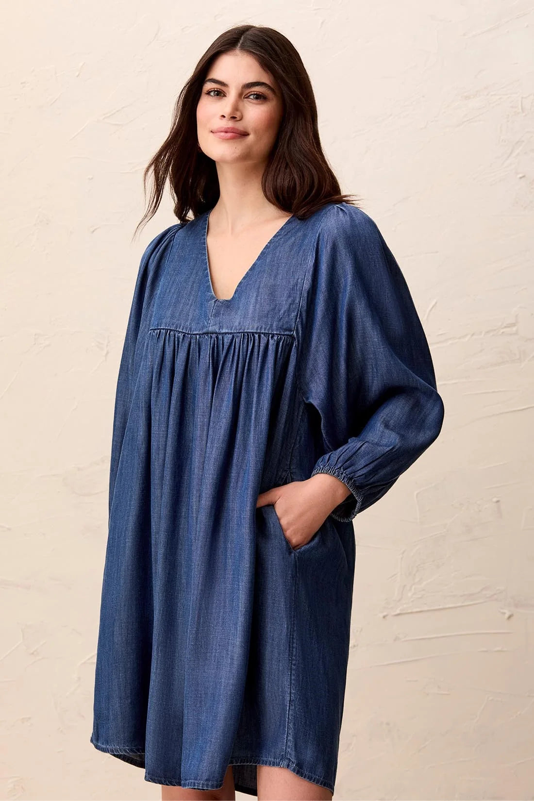 Tencel V-Neck Puff Sleeve Empire Waist Dress. Style TR6055O-4954