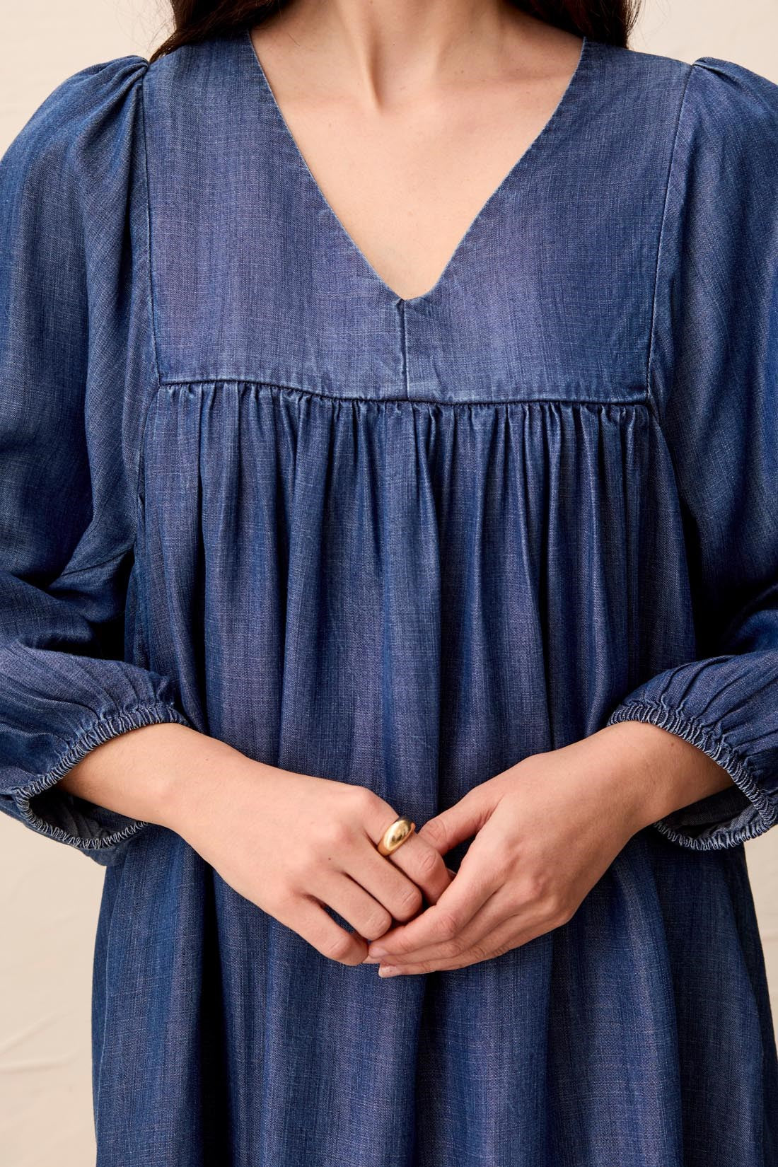 Tencel V-Neck Puff Sleeve Empire Waist Dress. Style TR6055O-4954