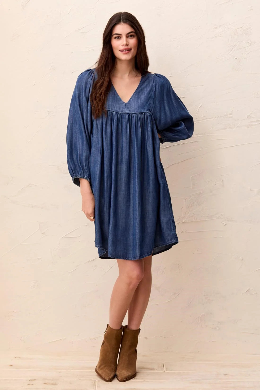 Tencel V-Neck Puff Sleeve Empire Waist Dress. Style TR6055O-4954