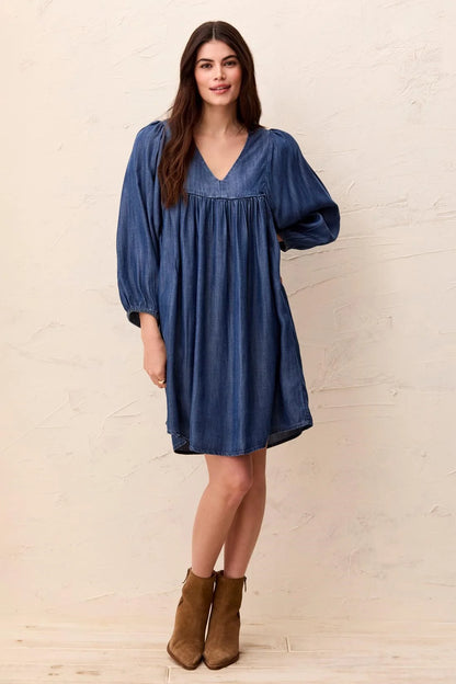 Tencel V-Neck Puff Sleeve Empire Waist Dress. Style TR6055O-4954