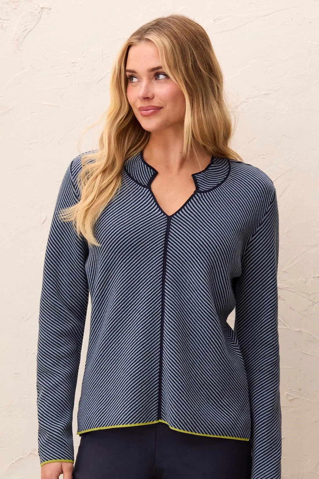 Textured Diagonal Stripe Split Neck Sweater. Style TR3184O-576