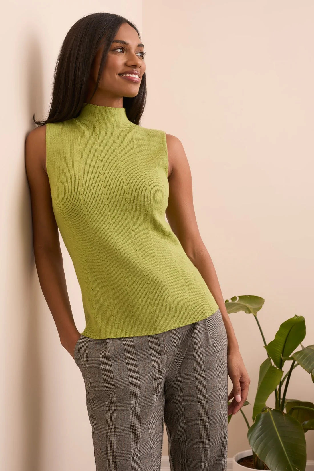 Sleeveless Mock Neck Ribbed Top. Style TR1561O-3833