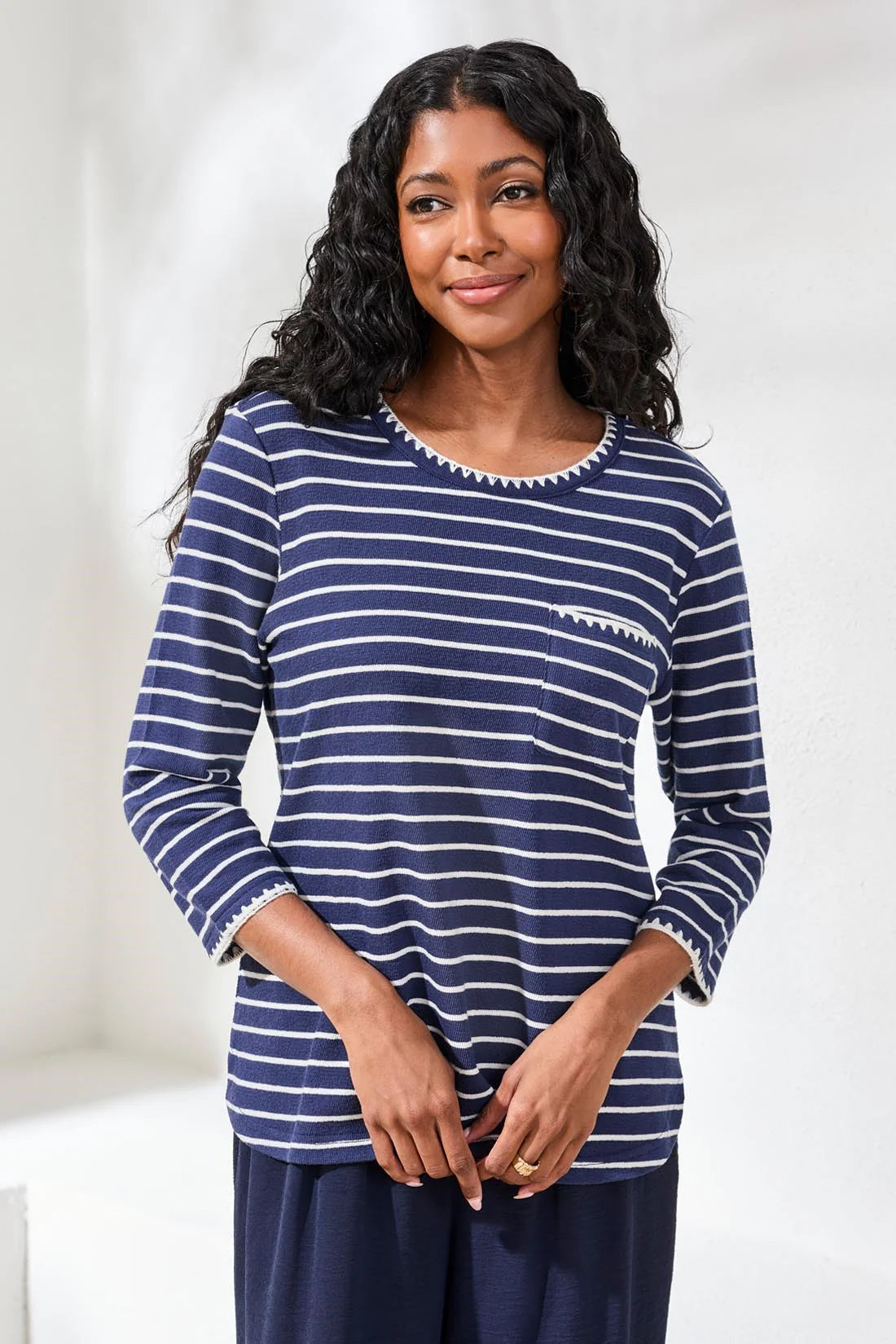 Striped Patch Pocket Stitch Details Top. Style TR2433O-8420
