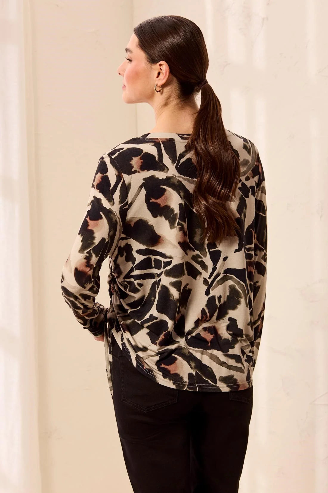 Side Ruching Long Sleeve Crew Neck Knit Top. Style TR3168O-3457