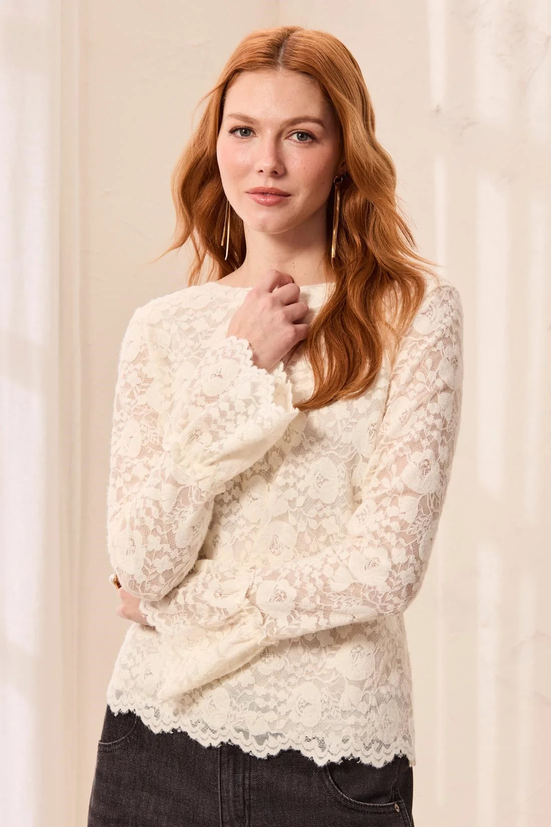 Wear 2 Ways Lace V-Neck Scalloped Hem Top. Style TR6359O-5733