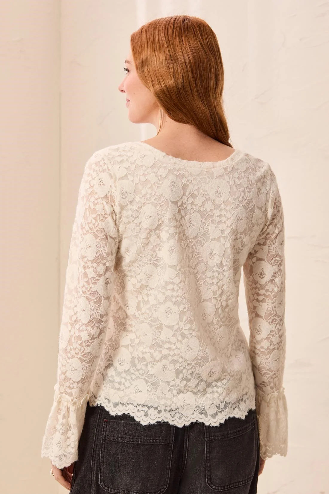 Wear 2 Ways Lace V-Neck Scalloped Hem Top. Style TR6359O-5733