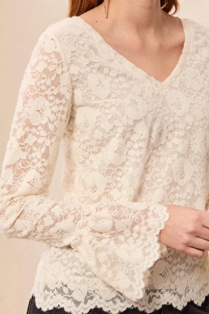 Wear 2 Ways Lace V-Neck Scalloped Hem Top. Style TR6359O-5733