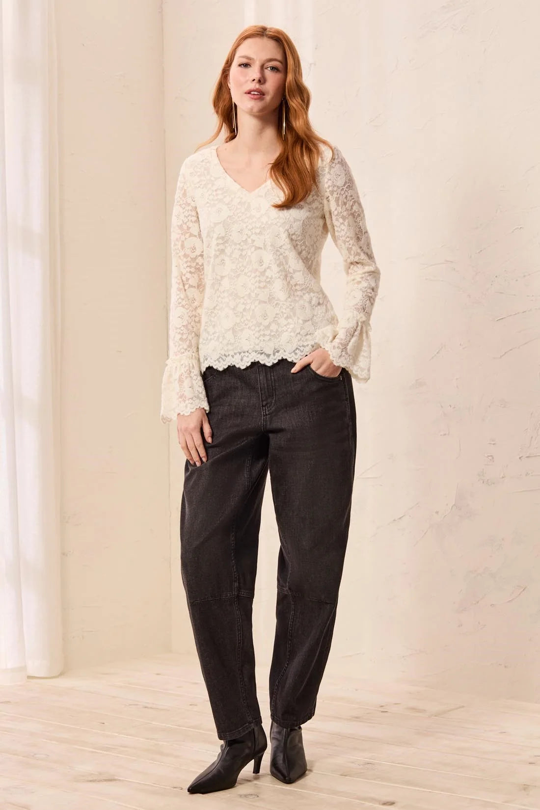 Wear 2 Ways Lace V-Neck Scalloped Hem Top. Style TR6359O-5733