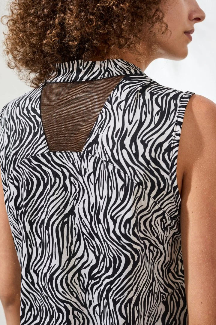 Zebra Sleeveless Zip Front Mesh Accent Top. Style TR3102O-8457