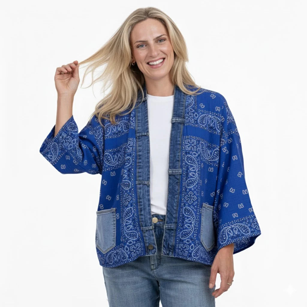 Bandana Print Denim Trim Cardigan. Style SHNP5755