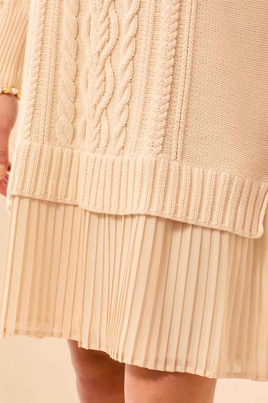 Cable Knit & Pleated Chiffon Sweater Dress. Style TR3228O-576