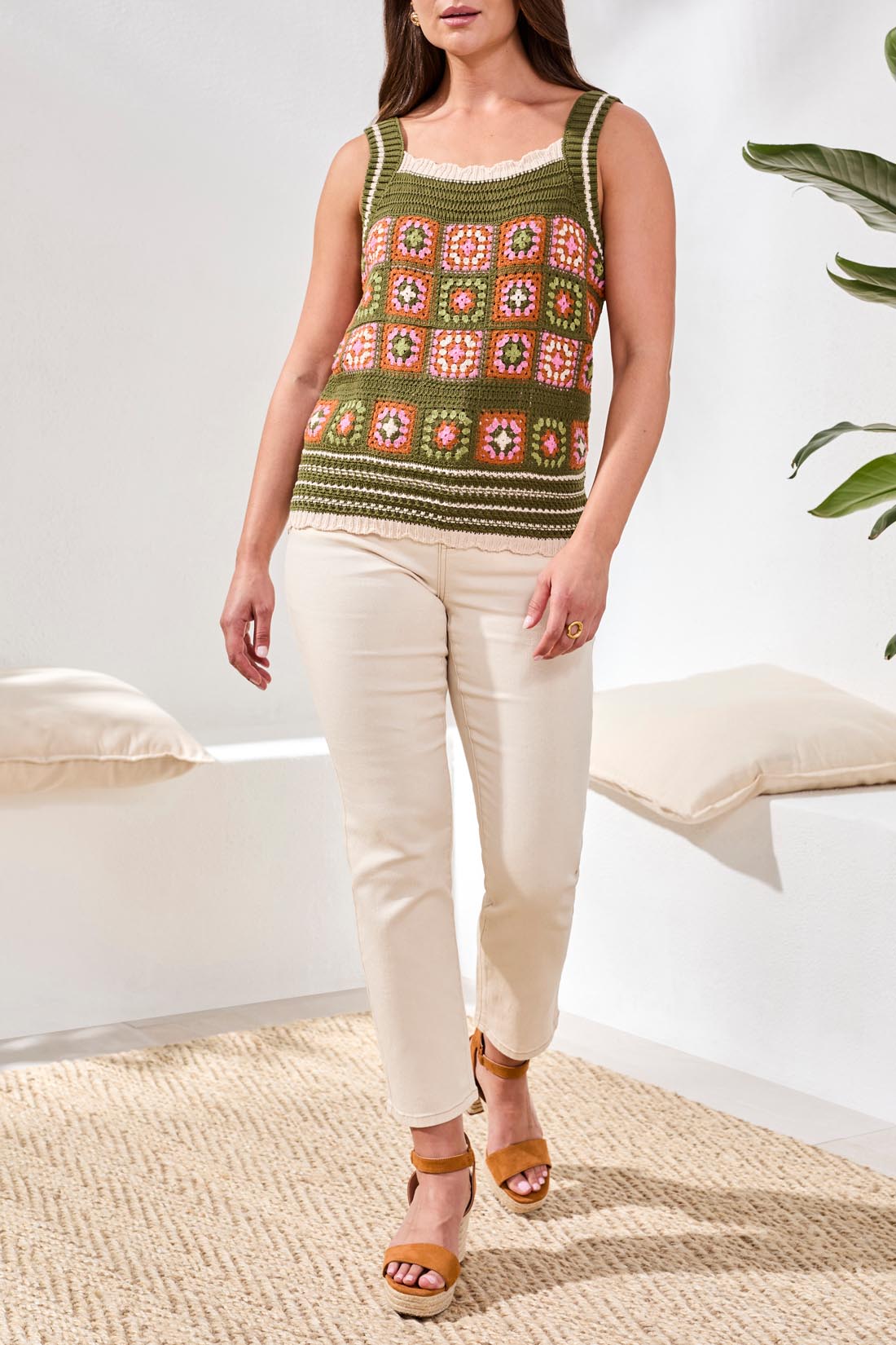 Crochet Knit Square Neck Scalloped Hem Camisole. Style TR6113O-576
