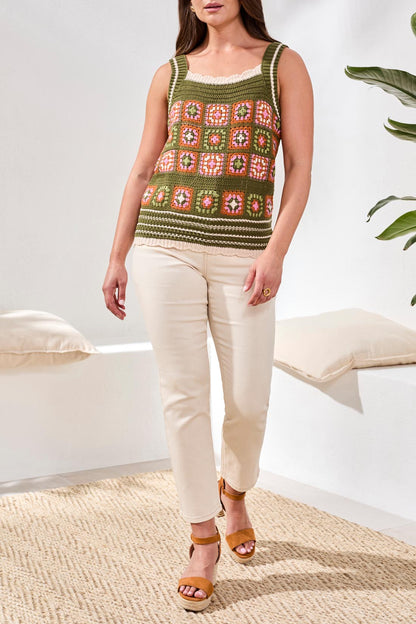 Crochet Knit Square Neck Scalloped Hem Camisole. Style TR6113O-576