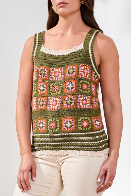 Crochet Knit Square Neck Scalloped Hem Camisole. Style TR6113O-576
