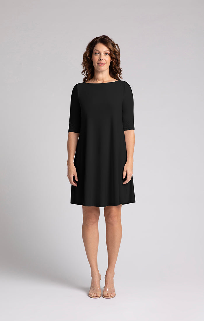 Nu Trapeze Elbow Sleeve Black Dress. Style SI28174-4BLK