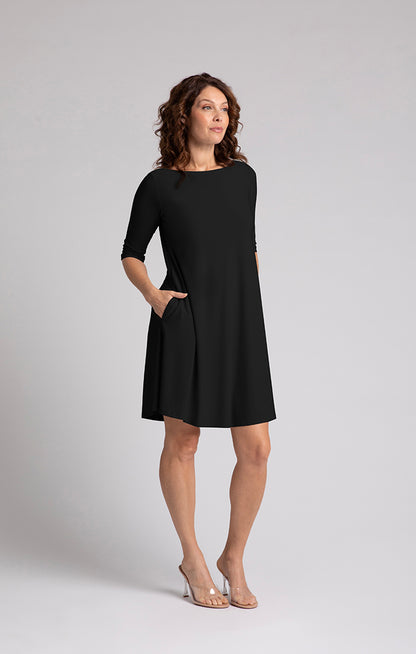 Nu Trapeze Elbow Sleeve Black Dress. Style SI28174-4BLK