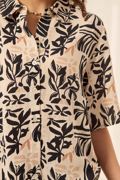 Linen Leaf Print Button Front Shirt. Style TR3027O-8392