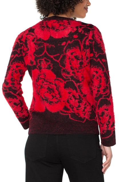 Black & Red Floral Print Fuzzy Sweater. Style LVLM8D52SK32