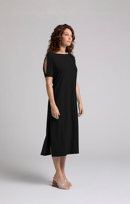 Boat Neck Slit Sleeve Midi Dress. Style SI28172-1BLK