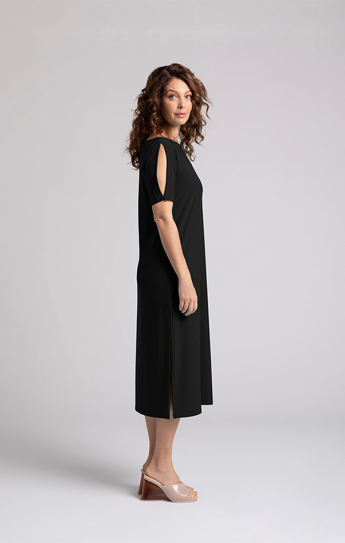 Boat Neck Slit Sleeve Midi Dress. Style SI28172-1BLK