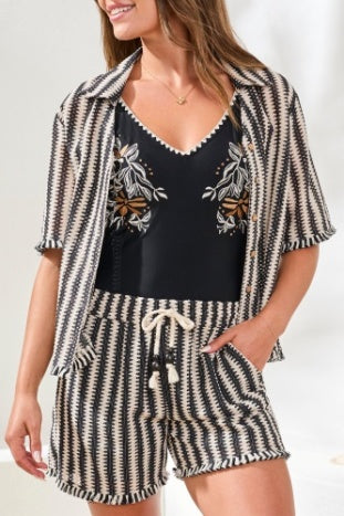 Striped Short Sleeve Button Front Blouse. Style TR3004O-8369