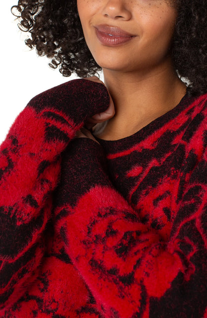 Black & Red Floral Print Fuzzy Sweater. Style LVLM8D52SK32