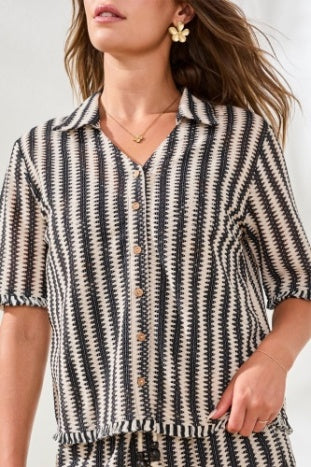 Striped Short Sleeve Button Front Blouse. Style TR3004O-8369