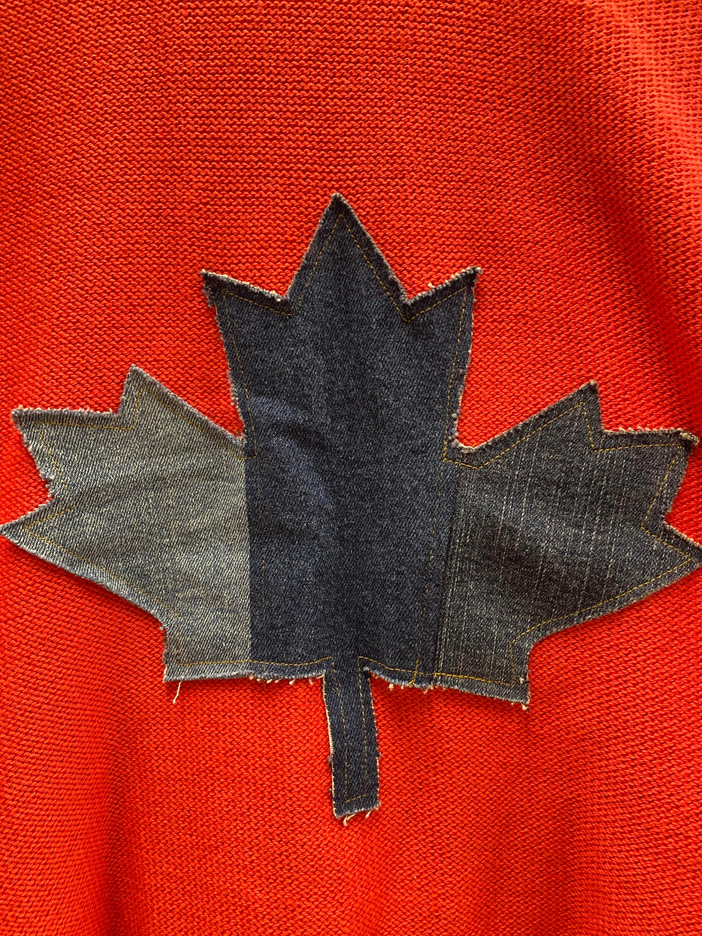 Maple Leaf Applique Open Front Denim Details Cardigan. Style SHNP5841